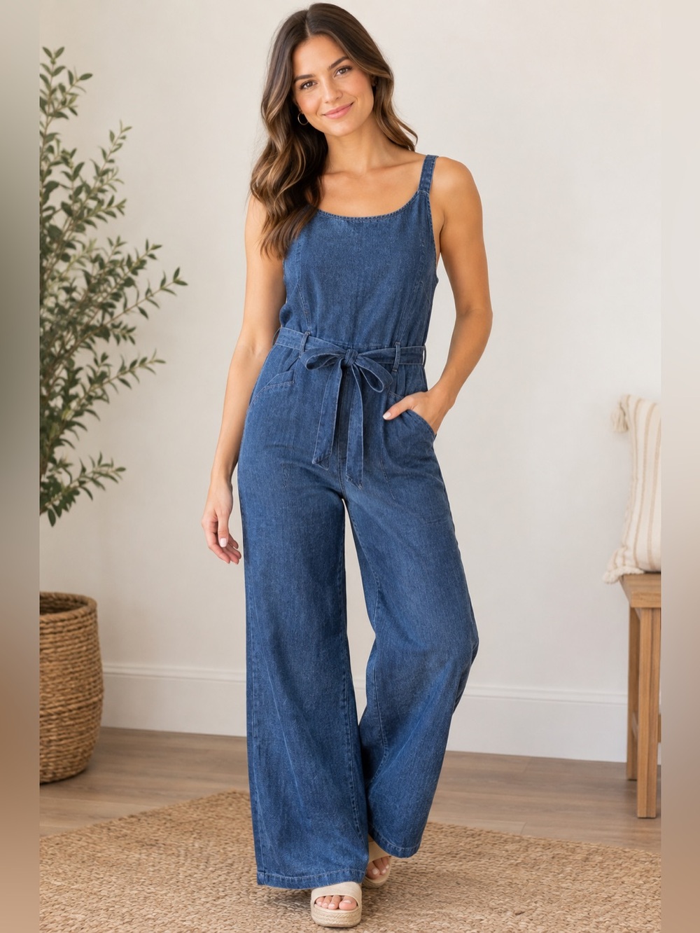Blush Denim Tie-Waist Wide-Leg Jumpsuit - Blue